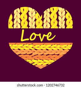 vector illustration, knitted heart with inscription love isolated on purple background, hand drawing
