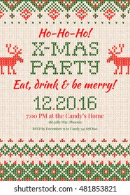 Vector illustration Knitted Invitation to the Christmas X-mas party.Handmade knitting abstract background pattern with text, deers, and scandinavian ornaments. White, red,  green colors. Flat style