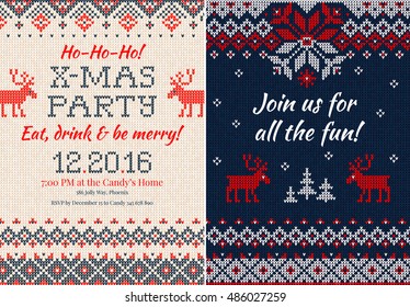 Vector illustration Knitted Invitation Christmas X-mas party. Front and back sides. Handmade knitting abstract background pattern with text, scandinavian ornaments. White, red, blue colors. Flat style