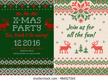 Vector illustration Knitted Invitation Christmas X-mas party. Front and back sides. Handmade knitting abstract background pattern with text,scandinavian ornaments. White, red, green colors. Flat style