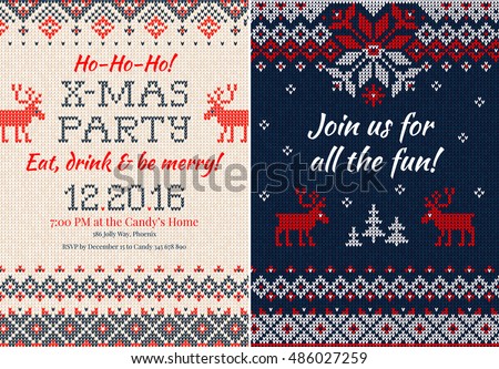 Vector illustration Knitted Invitation Christmas X-mas party. Front and back sides. Handmade knitting abstract background pattern with text, scandinavian ornaments. White, red, blue colors. Flat style