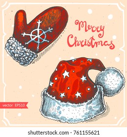 Vector illustration of knitted mitten, christmas hat,text Merry Christmas on background with abstract paper texture.Santa Claus hat, glove with snowfall sketch.Linear art in vintage style for design.