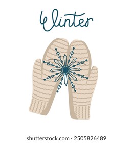 Vector illustration of knitted mittens with a snowflake. Concept of a cozy winter. Image of winter woolen accessories