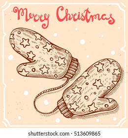 Vector illustration of knitted mittens,text Merry Christmas on the background with abstract paper texture,retro frame.Letters,glove with stars sketch.Linear art in vintage style for your design.