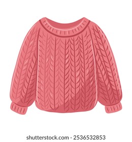 Vector illustration of knitted pink sweater. Woolen women's knitted clothes. Pink pullover on white background.