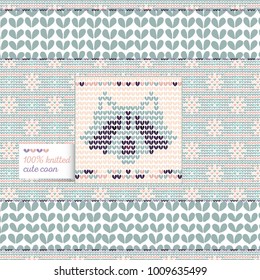 Vector illustration with knitted racoon on seamless knitted background with label.
