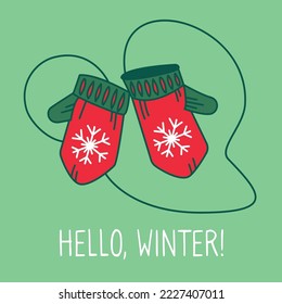 Vector illustration of knitted red mittens with ornaments and snowflakes, isolated on green background. New Year's holiday and Christmas mood. Color drawing in doodle style. Winter holiday theme.