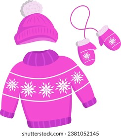 Vector illustration of a knitted sweater, hat and mittens with a decorative pattern on them, highlighted on a white background. Traditional Christmas clothes for the head, arms and neck