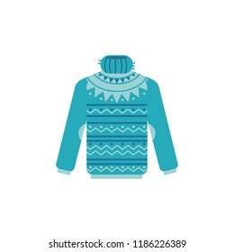 Vector illustration of knitted sweater with high neck isolated on white background. Cute winter warm turquoise pullover with pattern - seasonal apparel for wearing in cold weather in flat style.