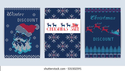 Vector Illustration of Knitted Sweater Sale card for Design, Website, Background, Banner.
Big Christmas Discount Template. Seasons Sale Poster.