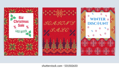Vector Illustration of Knitted Sweater Sale card for Design, Website, Background, Banner.
Big Christmas Discount Template. Seasons Sale Poster.
