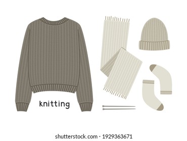 Ilustración vectorial de suéter de punto, calcetines, bufanda, sombrero, agujas de punto y tejido de inscripción.  Ilustración dibujada a mano en un estilo plano aislado en fondo blanco. Hobby de punto.