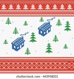 vector illustration. Knitted texture, house with Christmas trees, Nordic pattern winter sweater