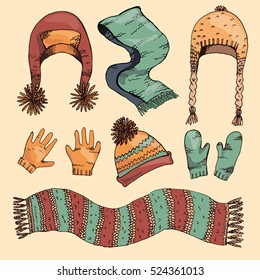 Vector illustration of knitted things. Knitted hat, scarf. gloves.