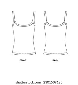 Vector illustration of a knitted T-shirt with thin straps. Slim T-shirt template with round neckline, in stretch fabric. Outline Drawing of a women's tank top with straps, front and back view.