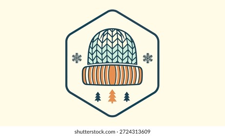 Vector illustration of a knitted winter beanie hat within a hexagonal badge, featuring snowflakes and pine trees. Cozy, cold season graphic. - Powered by Shutterstock - Get 15% off with code: PIKWIZARD15