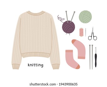 Vector illustration of knitting threads, knitting needles and crochet hooks, sweater, socks, threads and scissors.  Hand-drawn illustration in flat style isolated on white background. Knitting hobby.