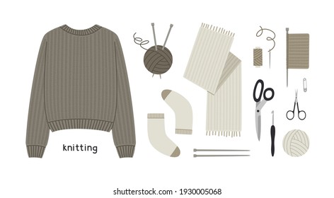 Vector illustration of knitting tools and knitted clothes in flat style. Knitting threads, knitting needles, crochet hooks, needle, thread, scissors, knitted fabric, pin, sweater, scarf, socks.  