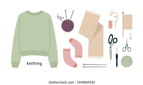 Vector illustration of knitting tools and knitted clothes in flat style. Knitting threads, knitting needles, crochet hooks, needle, thread, scissors, knitted fabric, pin, sweater, scarf, socks. 