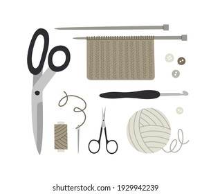 Vector illustration of knitting tools. Knitting threads, knitting needles, crochet hooks, needle, thread, scissors, knitted fabric and buttons.  Hand-drawn illustration in flat style isolated on white svg