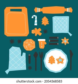 Vector illustration with knolling food to cook Christmas dinner. Tasty ingredients as cinnamon, oranges, gingerbread cookies and kitchen tools on table. Green and orange colors. Flat lay style.