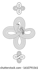 A vector illustration of a knotted Ouroboros snake eating it’s own tail with  a pair of stylized ornaments.