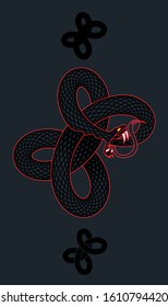 A vector illustration of a knotted Ouroboros snake eating it’s own tail with  a pair of stylized ornaments.