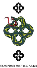A vector illustration of a knotted Ouroboros snake eating it’s own tail with  a pair of stylized ornaments.