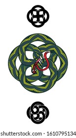 A vector illustration of a knotted Ouroboros snake eating it’s own tail with  a pair of stylized ornaments.