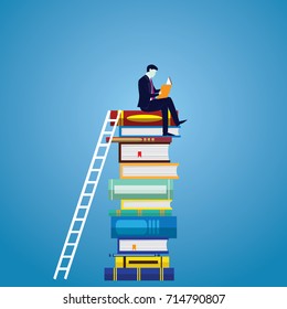 Vector illustration. Knowledge business education concept. Businessman and books. Reading book for self skill career development