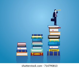 Vector illustration. Knowledge business education concept. Businessman and books. Reading book for self skill career development