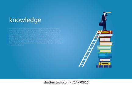 Vector illustration. Knowledge business education concept. Businessman and books. Reading book for self skill career development