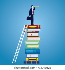Vector illustration. Knowledge business education concept. Businessman and books. Reading book for self skill career development