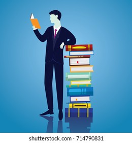 Vector illustration. Knowledge business education concept. Businessman and books. Reading book for self skill career development