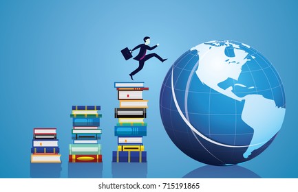 Vector illustration. Knowledge business education concept. Businessman and books. Reading book for self skill career development