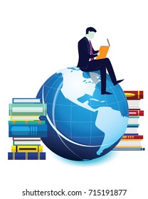 Vector illustration. Knowledge business education concept. Businessman and books. Reading book for self skill career development