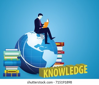Vector illustration. Knowledge business education concept. Businessman and books. Reading book for self skill career development