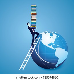 Vector illustration. Knowledge business education concept. Businessman and books. Reading book for self skill career development