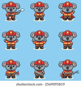 Vector Illustration of Koala cartoon with Firefighter costume. Set of cute Koala characters.