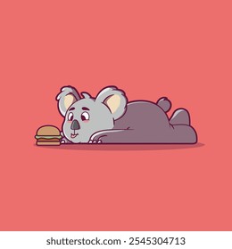 Vector illustration of a Koala character lying on the floor, looking at a burger. Mascot and food design concept.