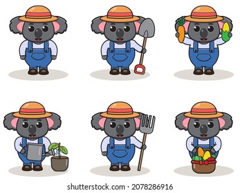 Vector illustration of Koala farmer cartoon. Cute farmer character design with straw hat. Character flat design. isolated on white.