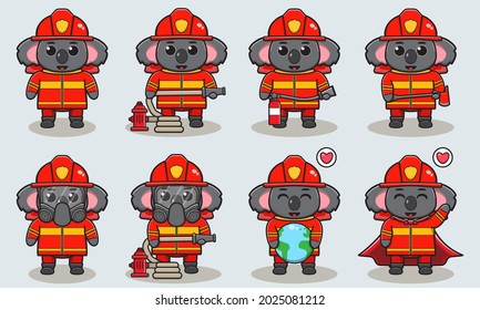 Vector Illustration Of Koala Firefighters Set. Fire Fighter Profession With Flat Design Style. Good For Icon, Label, Sticker, Clipart.