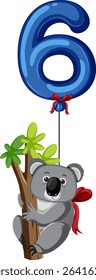 Vector illustration of a koala holding a tree with a blue balloon shaped as the number six, vibrant and playful