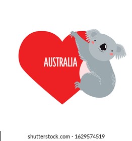 Vector illustration. koala hugs the heart. I love Australia. Australian animal. cartoon koala. Australia Day
