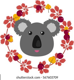 Vector illustration of a koala and leafy wreath, separated illustration with koala and leaves for card,invitation, sticker,button,logo,tags,labels