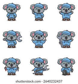 Vector Illustration of Koala Mechanic Cartoon Character. Mechanic Character Vector Illustration. Koala Character animal. Mechanic Mascot.
