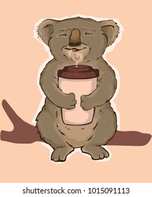 vector illustration, koala sitting on a tree and enjoying fragrant coffee. cute koala.  koala bear