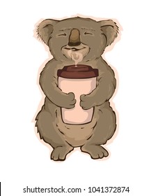 vector illustration, koala sitting on a tree and enjoying fragrant coffee