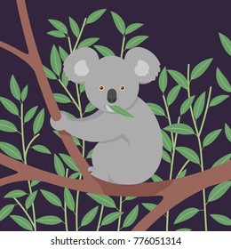 Vector illustration of koala sitting on tree.