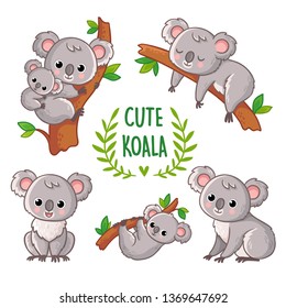 Vektorgrafik mit Koala in verschiedenen Posen. Sammlung von Vektorgrafiken mit einem süßen australischen Tier im Cartoon-Stil.